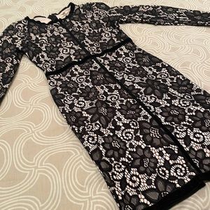 Dance-Dance dress, black lace over tan, long sleeve, back zipper, M (S)